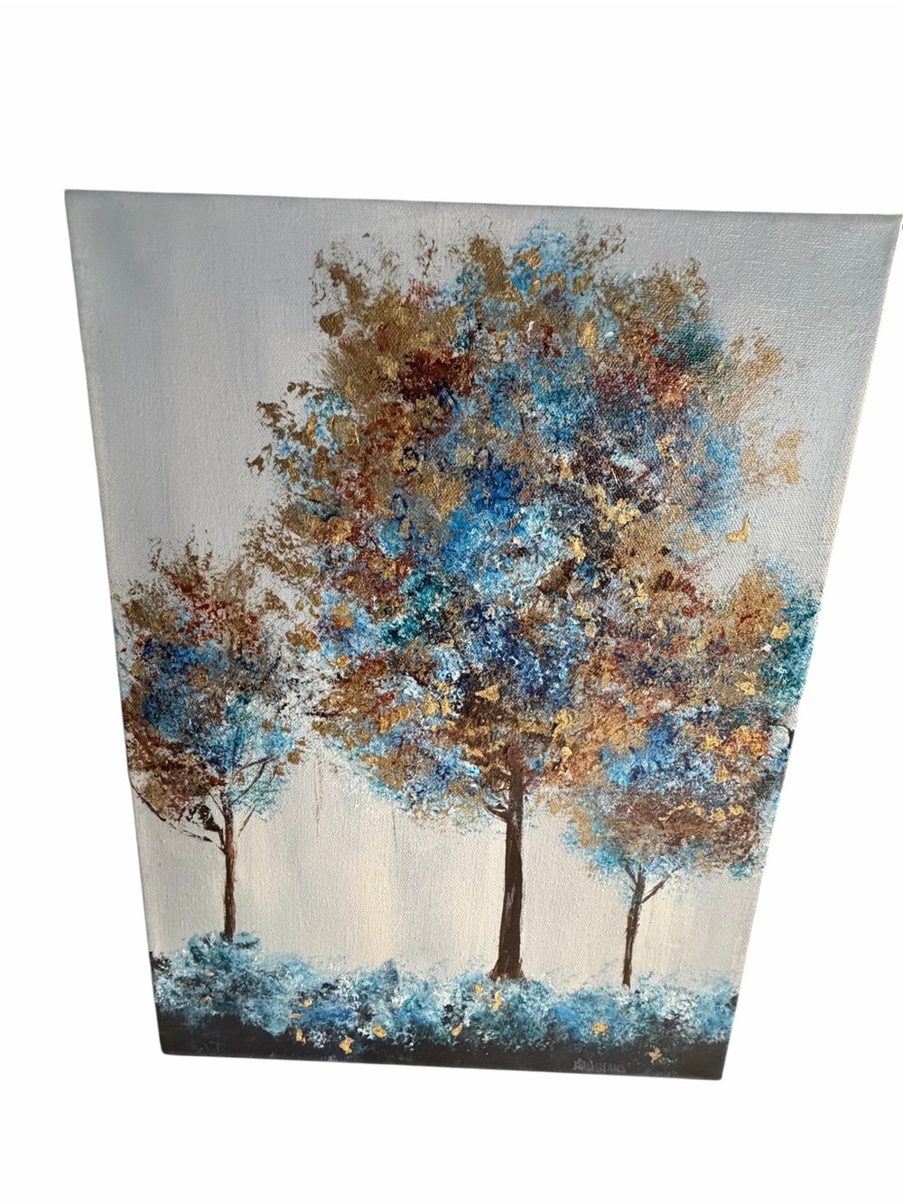 New Original Acrylic Canvas Art Trees in Blue and Gold 12" x 16" - Picture 6 of 14
